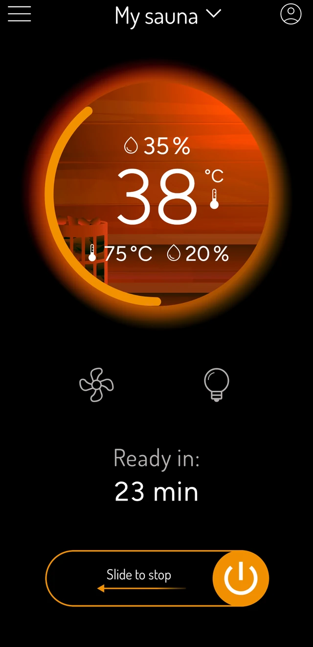 MyHarvia 2 app showing the sauna heating up with the time until it is ready