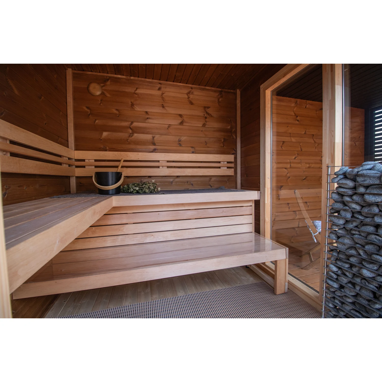 Leil Patio S Plus outdoor sauna - interior stone