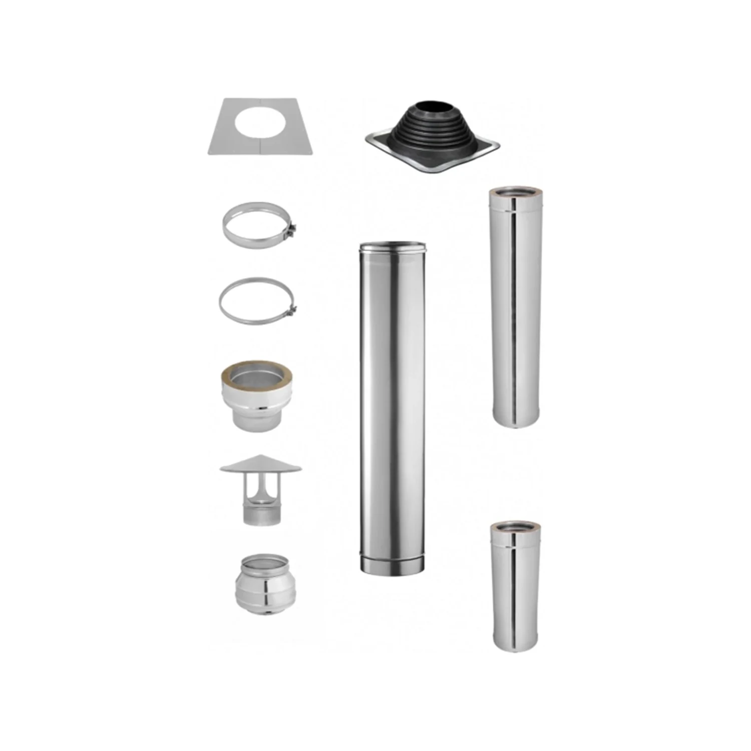 Silver stainless steel sauna chimney set with insulated flue sections, rain cap, roof flashing, ceiling trim plate and clamps