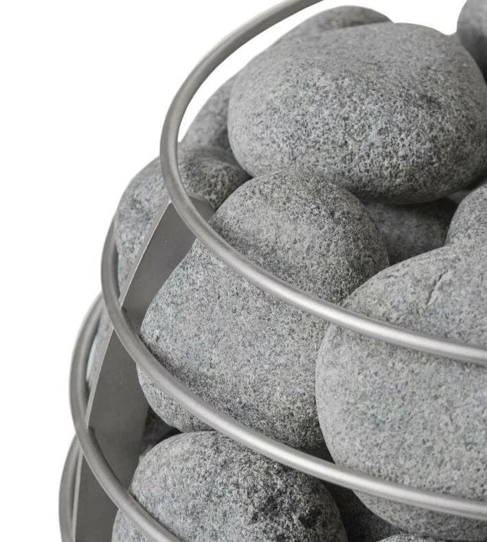Sauna stones held in the stainless steel cage of the HUUM HIVE HEAT
