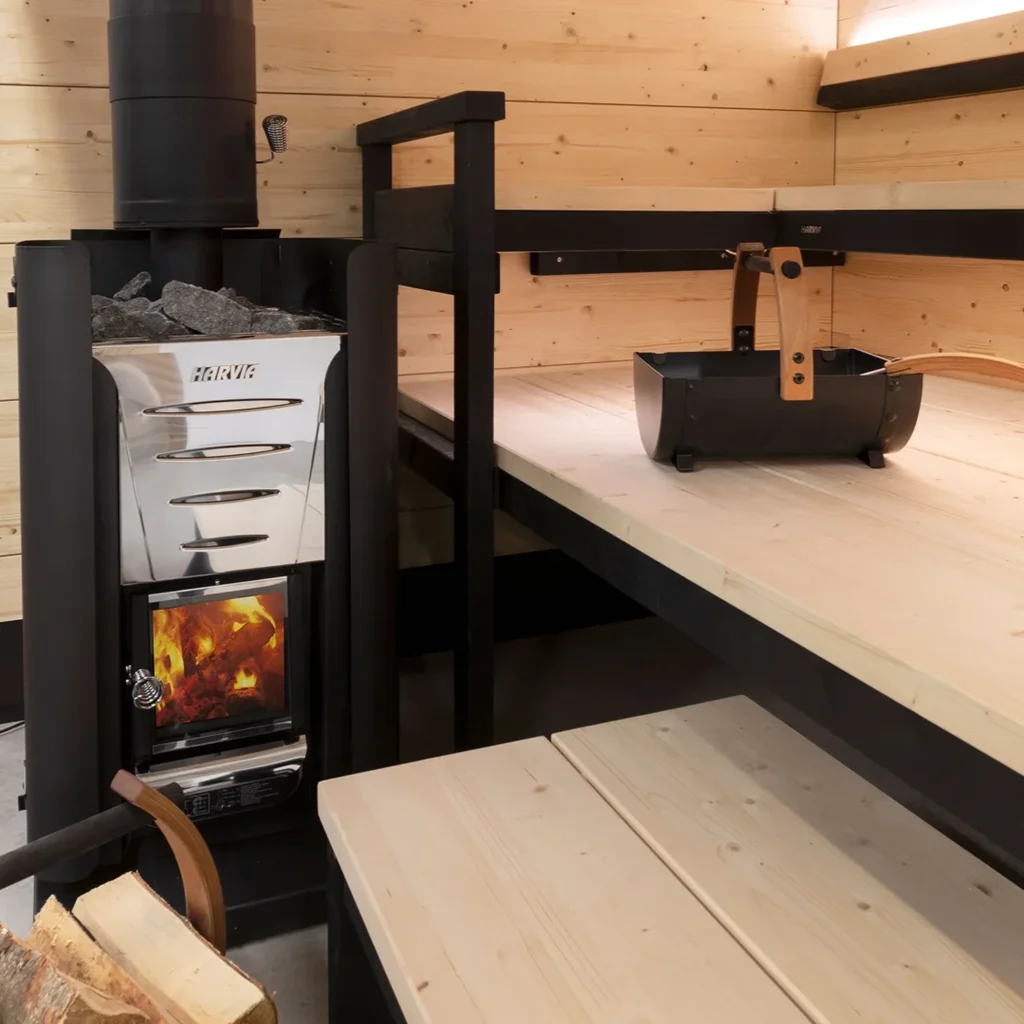 Harvia wood burning heater installed in a sauna