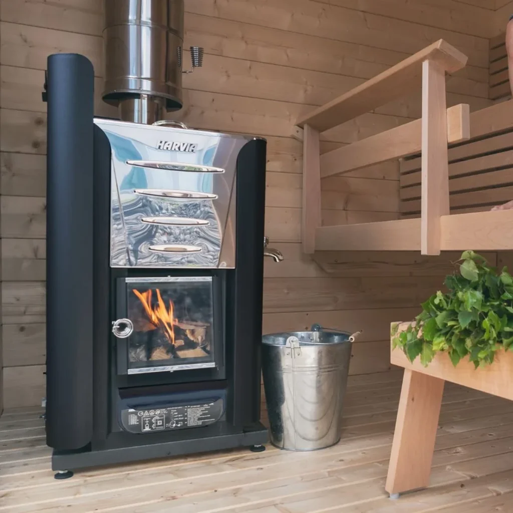 Harvia wood burning heater installed in a sauna