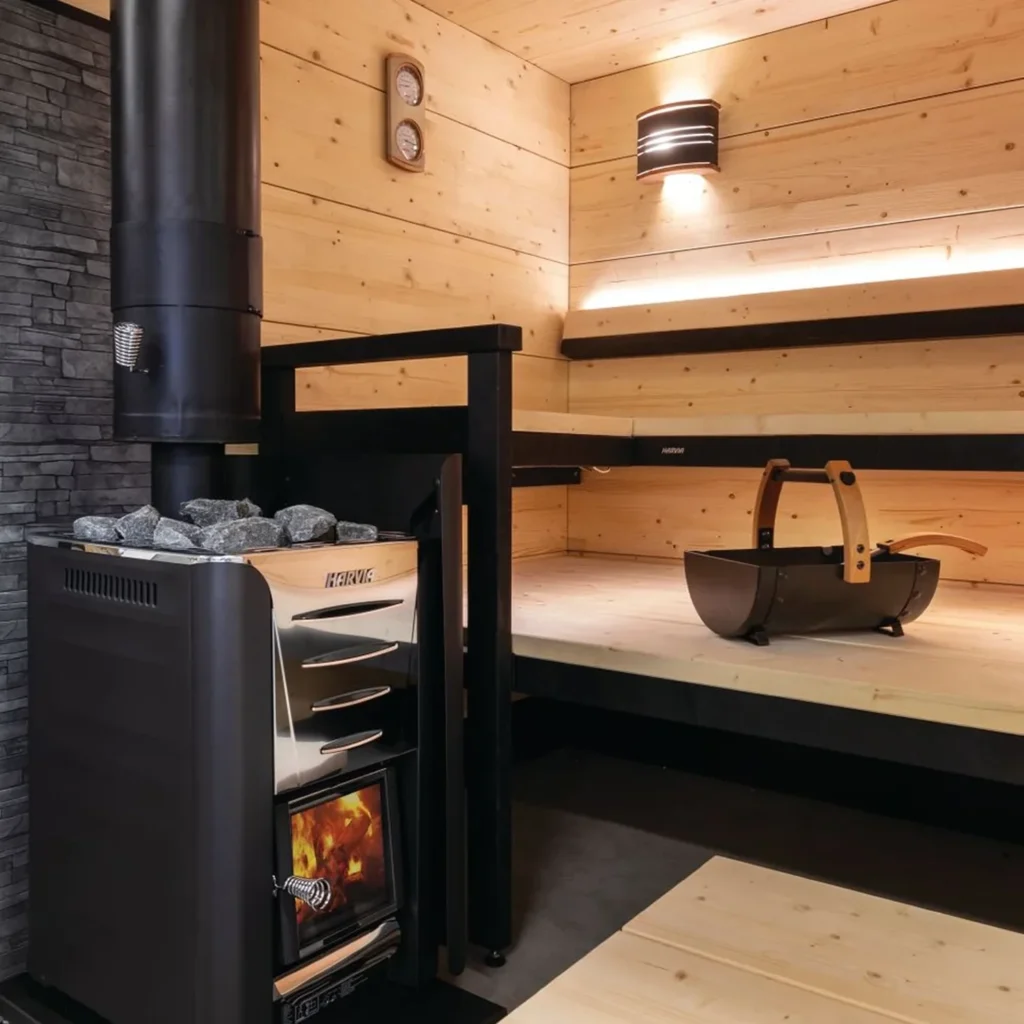Harvia wood burning heater installed in a sauna